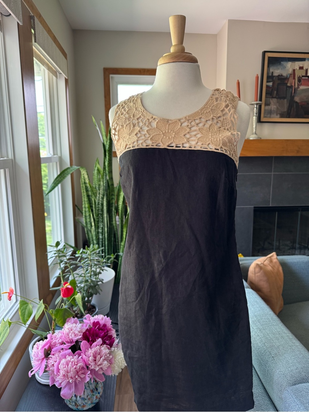 Loft Sleeveless Black linen dress with Beige Crochet Yoke